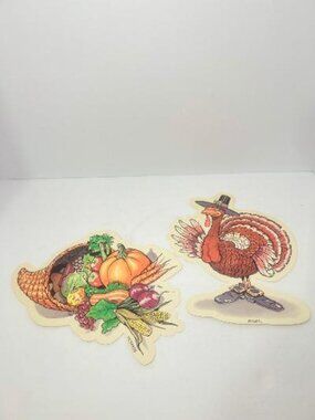 Thanksgiving Autumn Die Cut Decorations Turkey And Cornucopia Vintage Lot Of 2